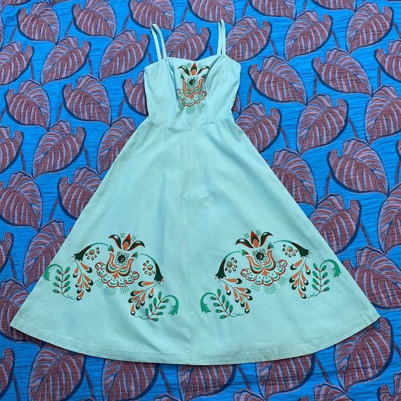 1950s Aqua Border Print Waffle Cotton Sundress