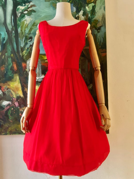 1960s  Red Chiffon Fit and Flare Dress - image 2