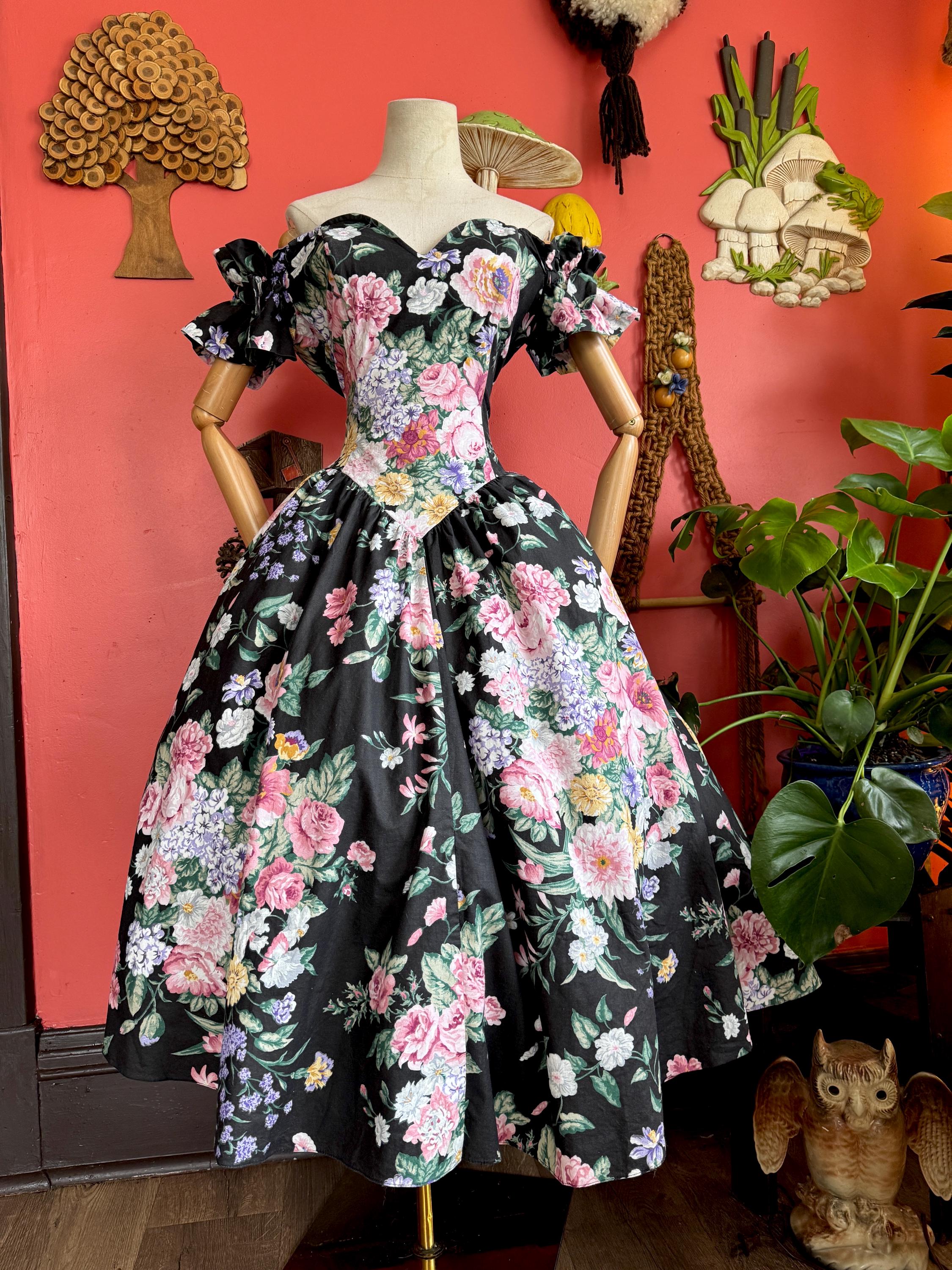 1980s black botanical print off the shoulder fit and flare dress