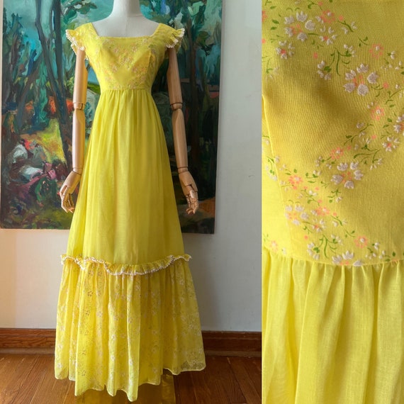 1960s  Yellow Floral Print Maxi Dress