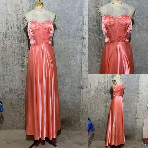 1930s Barbie Pink Satin Strapless Gown