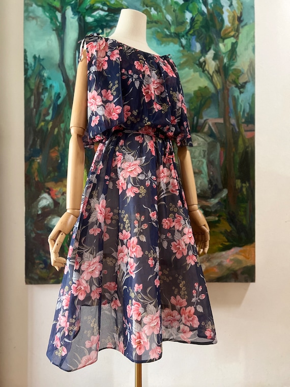 1970s  Slightly Sheer Navy and Pink Floral Print … - image 3