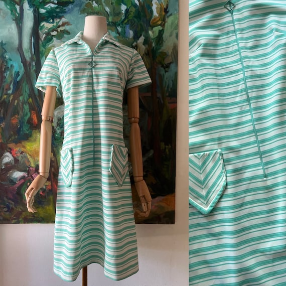 1960s  early 70s green and white striped shift dr… - image 2