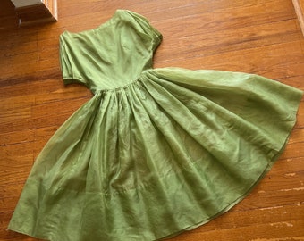 1960s Sheer Olive Green Fit and Flare Dress