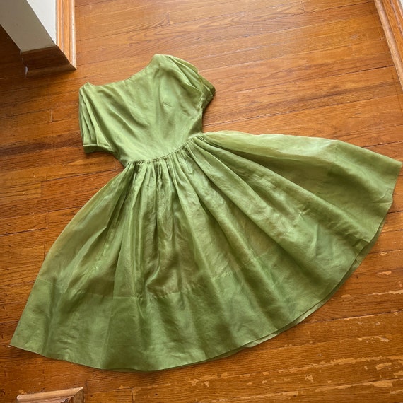 1960s Sheer Olive Green Fit and Flare Dress - image 1