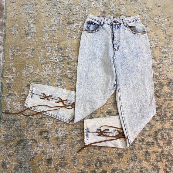 1980s acid wash high waist pants with leather cors
