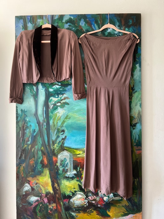 1940s  Taupe and Brown Rayon and Velvet Dress Set