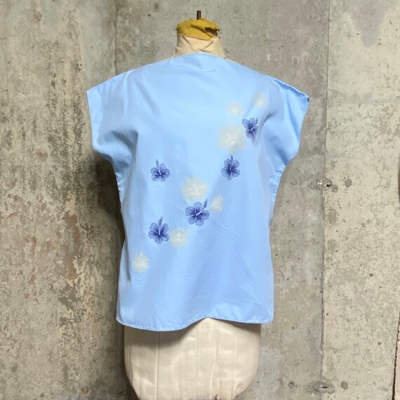 1960s Blue Hand Painted Hawaiian Blouse