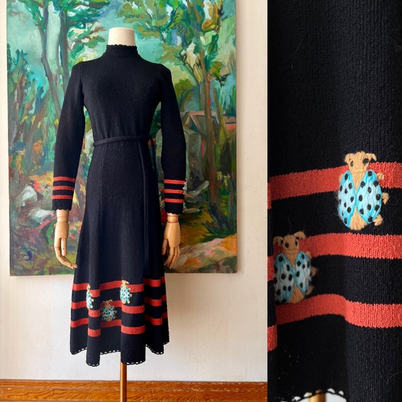 1970s  Novelty Ladybug Embroidered Knit Dress  - image 1