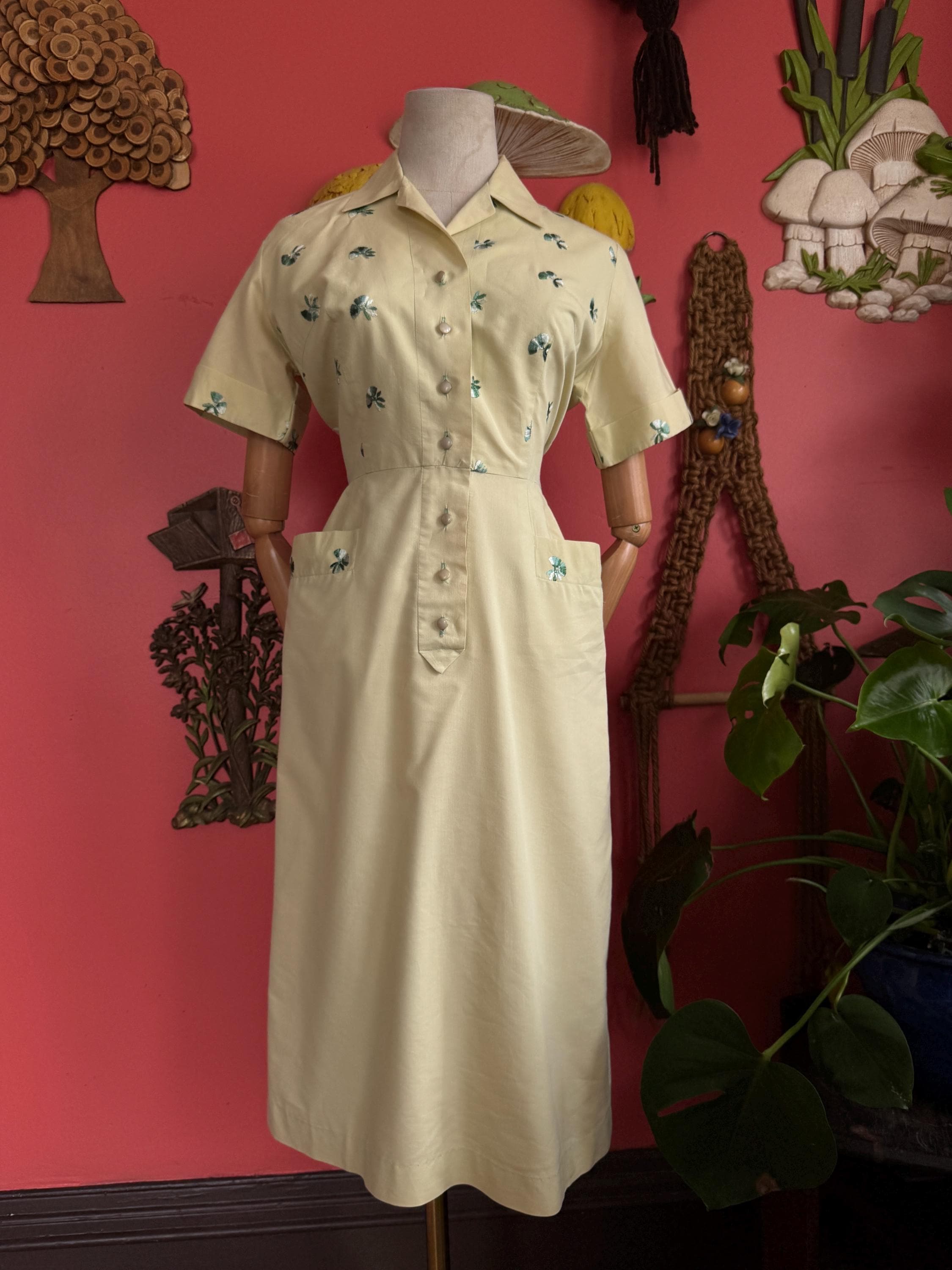 1950s creamy chartreuse embroidered shirt dress