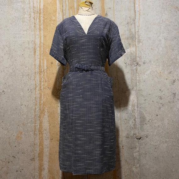 1940s 1950s Blue and White Striped Sheath Dress
