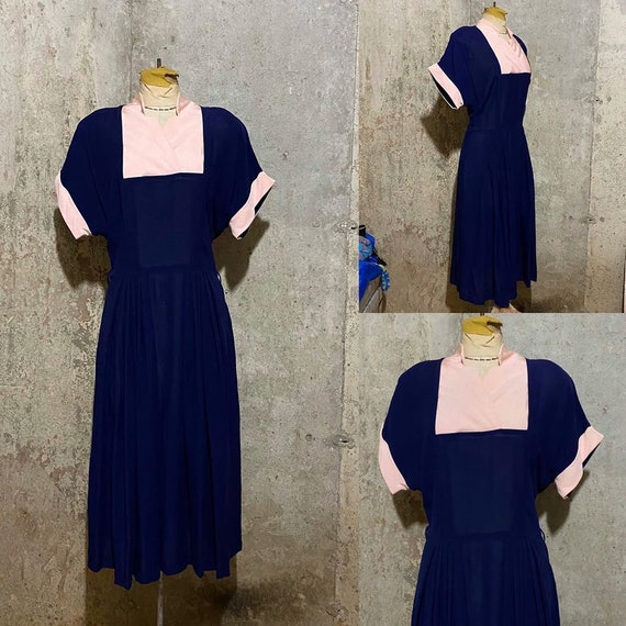 1940s Navy Blue and Pink Dress