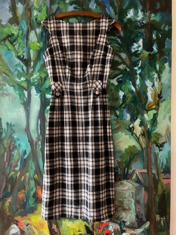 1950s 1960s Black and White Plaid Shift Dress - image 3