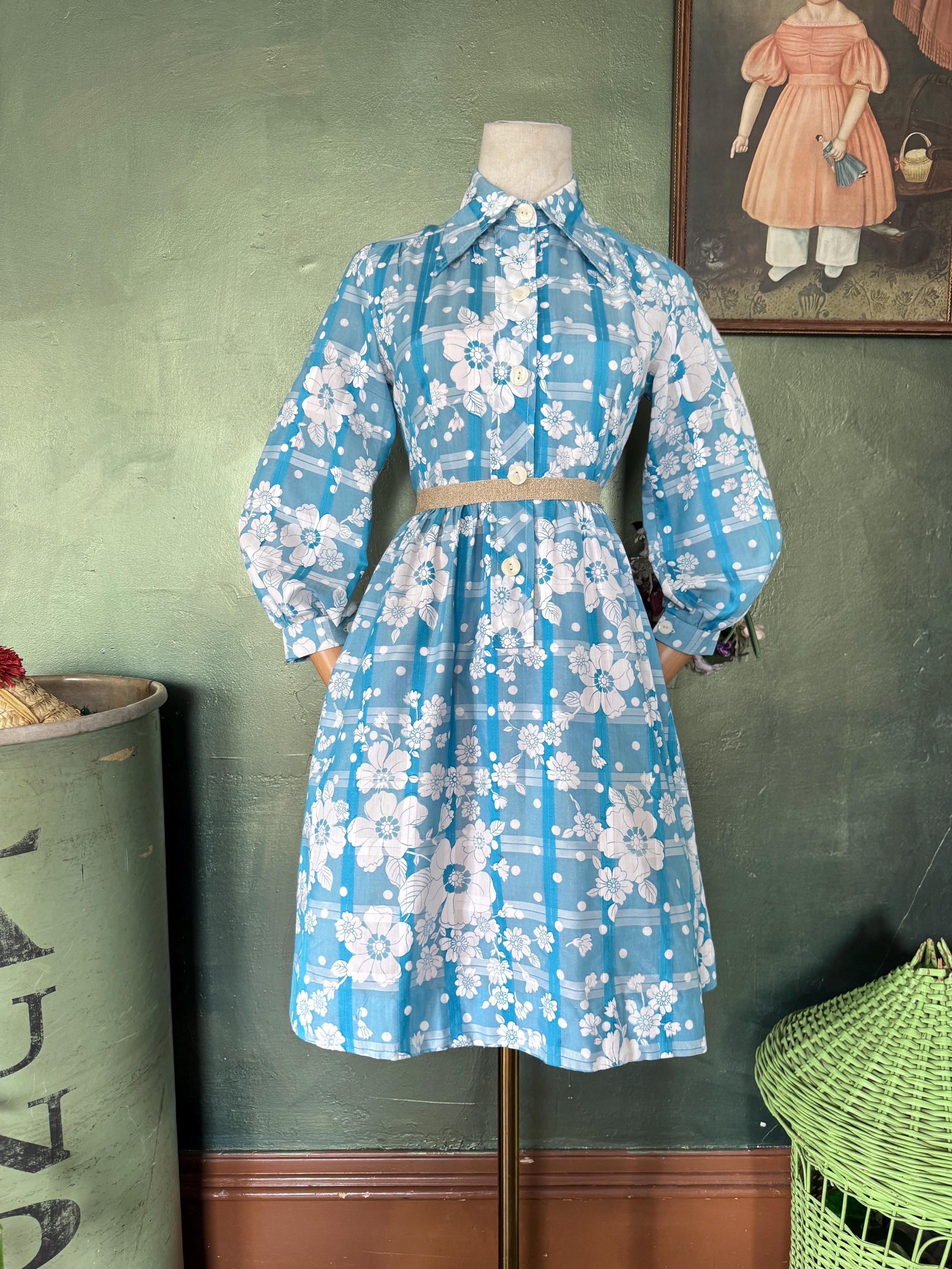 1960s  Blue & White Floral Striped Shirtdress