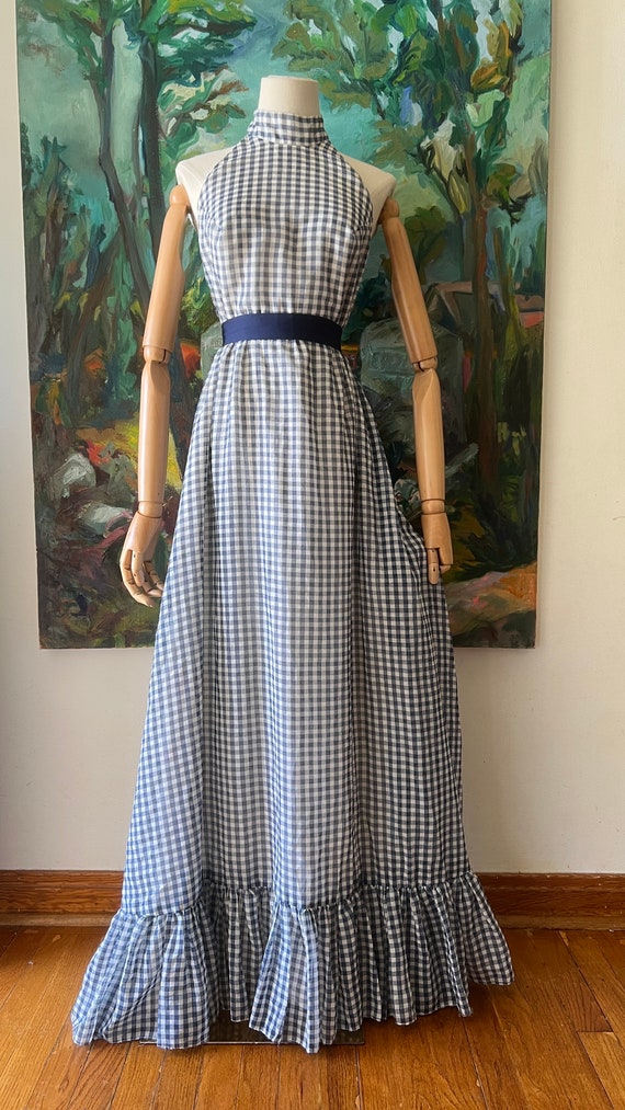 1970s  Blue and White Gingham Halter Dress - image 1