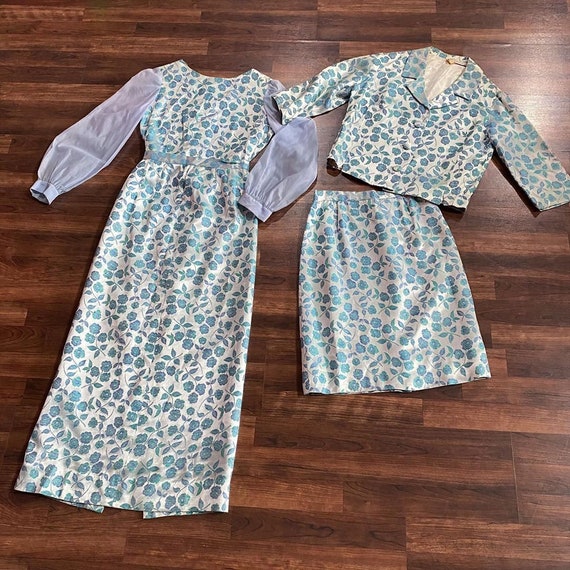 1960s Four Piece Blue Floral Set Two Skirts, Blous