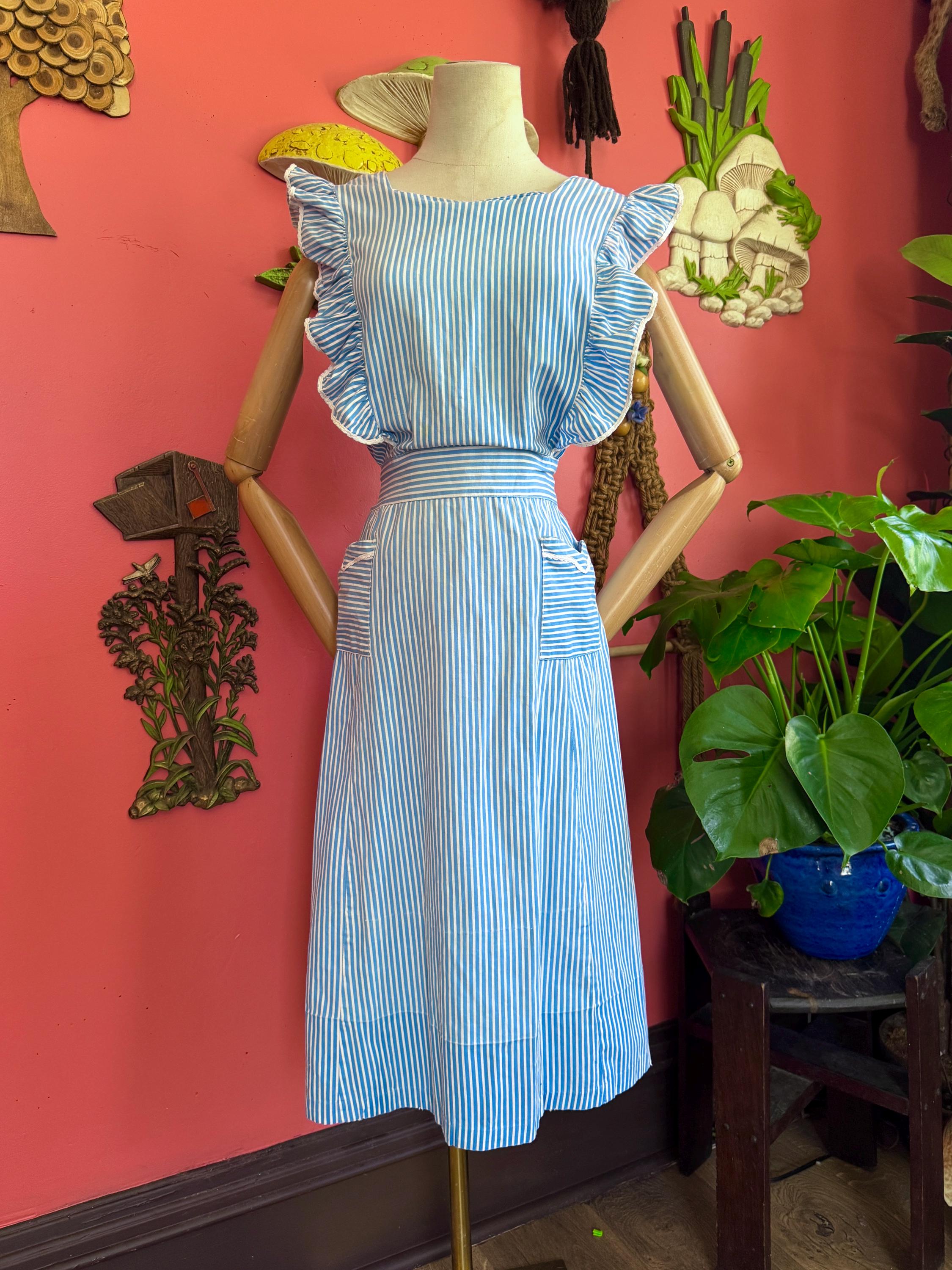 1940s blue striped button back sundress