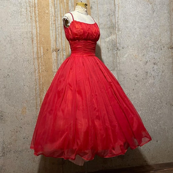 1950s red chiffon fit and flare party dress