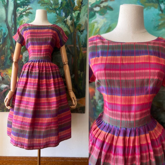 1950s  rainbow striped fit and flare dress