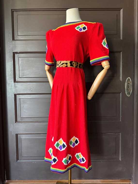 1980s  Red and rainbow knit dress - image 2