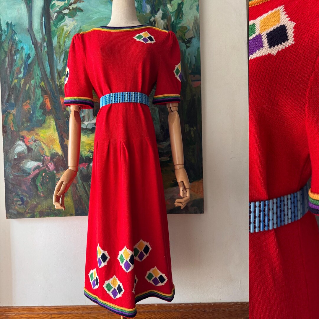 80's Ruched Red Rhinestone Drapped Dress by Night Moves New York