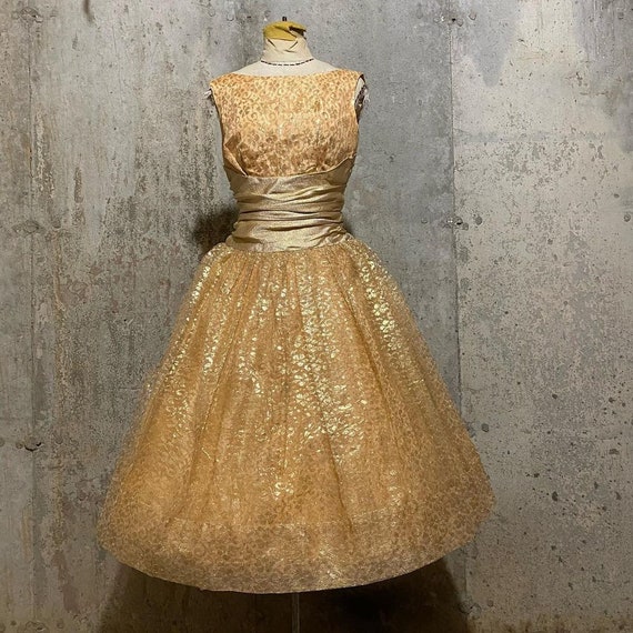1950s Gold Floral Lace and Lurex Party Dress
