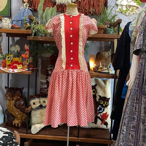 1930s Red and White Gingham Drop Waist Dress