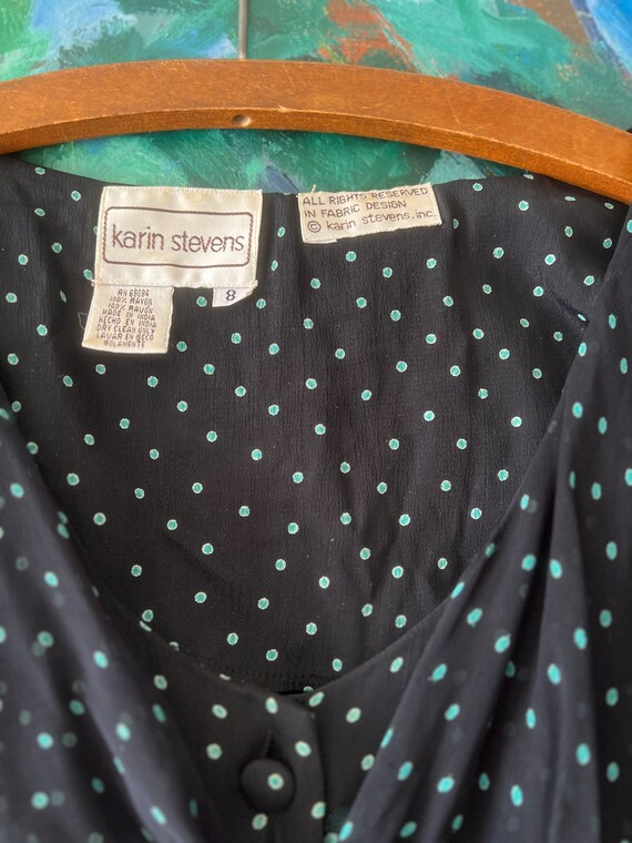 1990s  dark blue and green polkadot flouncy shirt… - image 5