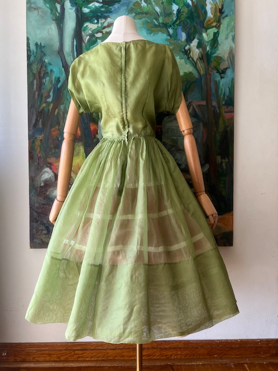1960s Sheer Olive Green Fit and Flare Dress - image 5