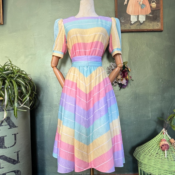 1980s  Pastel Rainbow Striped Puff Sleeve Dress