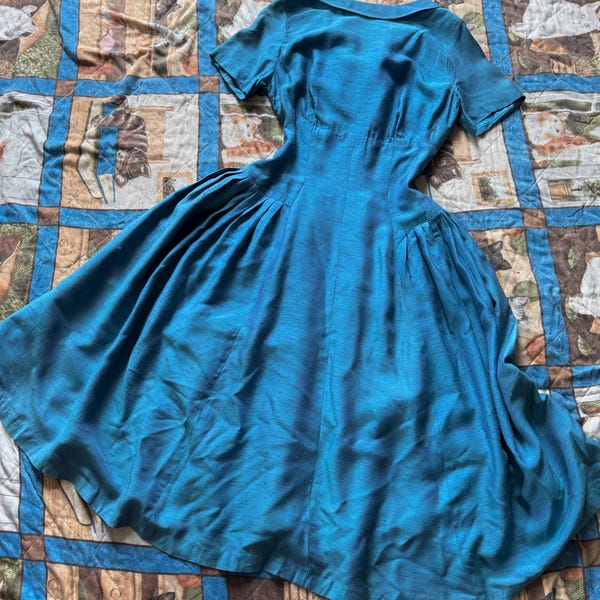 1950s  Blue and Purple Slubbed Fit & Flare Dress