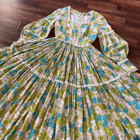1960s Blue Green White and Beige Floral Print Maxi