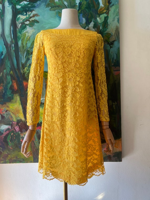 1960s  Bright Yellow Floral Lace Shift Dress