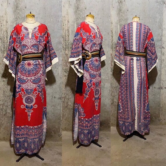 1960s Red Angel Sleeve Kaftan With Corset Neck