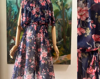 1970s  Slightly Sheer Navy and Pink Floral Print Fit and Flare