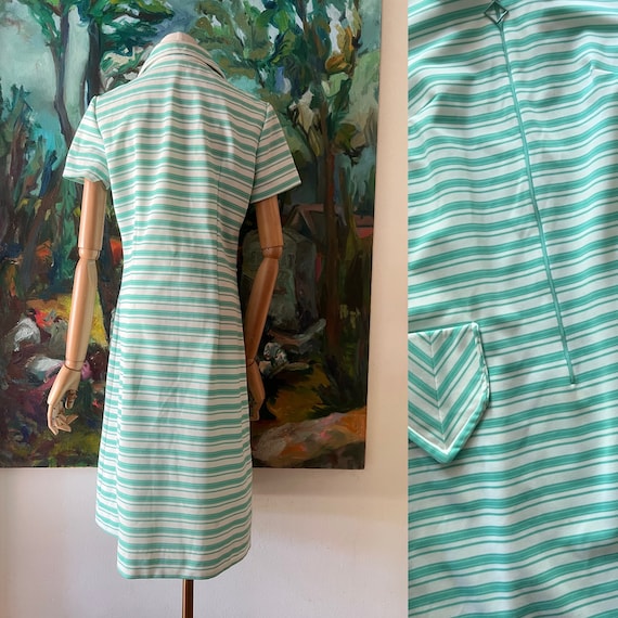 1960s  early 70s green and white striped shift dr… - image 5