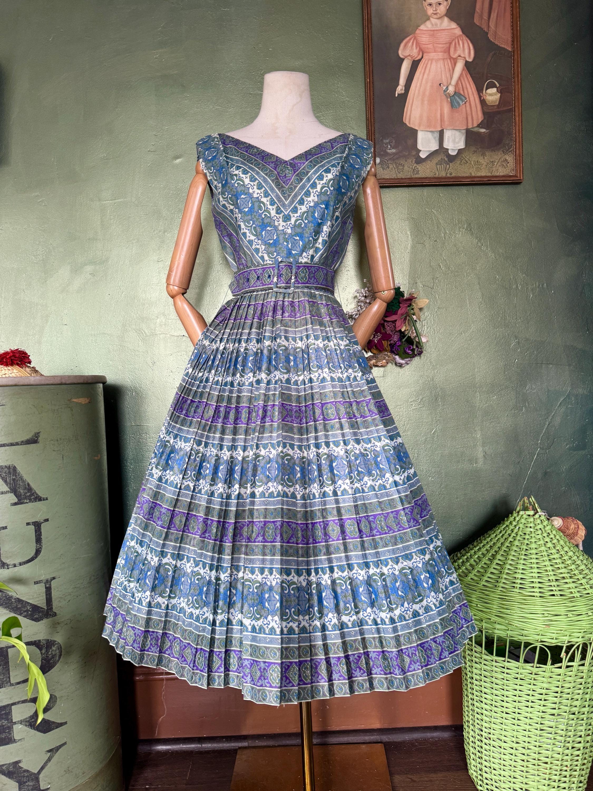 1960s  Green and Purple Geometric Print Pleated Fit & Flare Dress