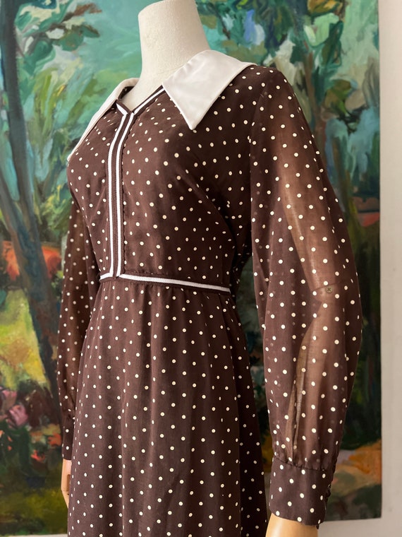 1960s  Brown Polkadot Long Sleeve Maxi Dress - image 6