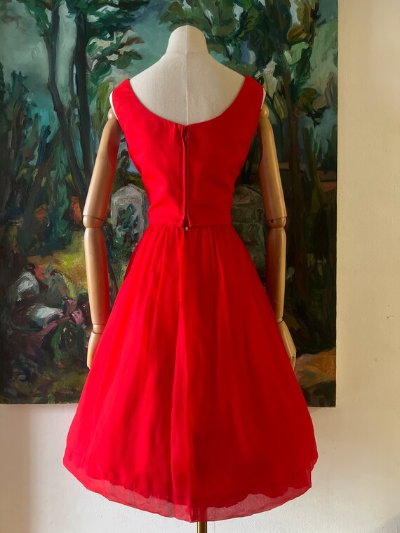 1960s  Red Chiffon Fit and Flare Dress - image 5