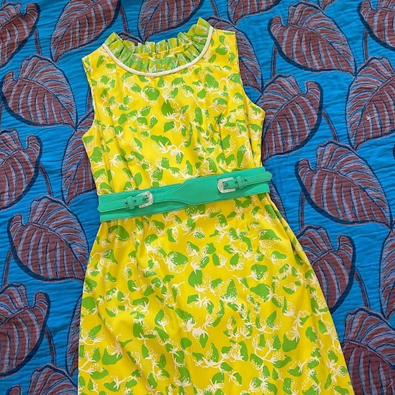 1960s bright yellow and green strawberry print max