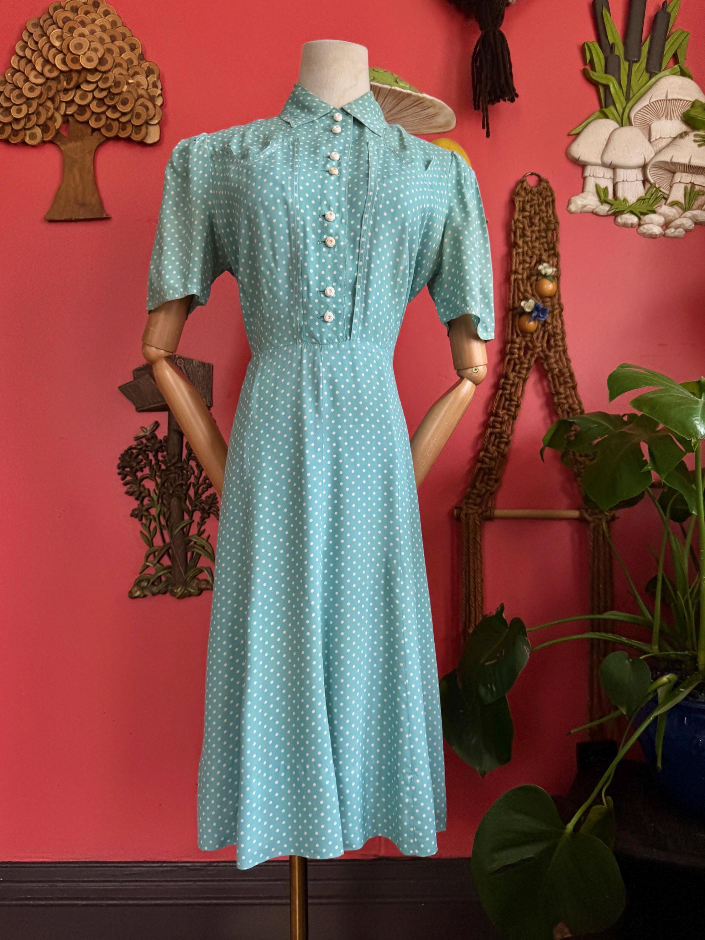1930s Aqua polkadot rayon puff sleeve dress