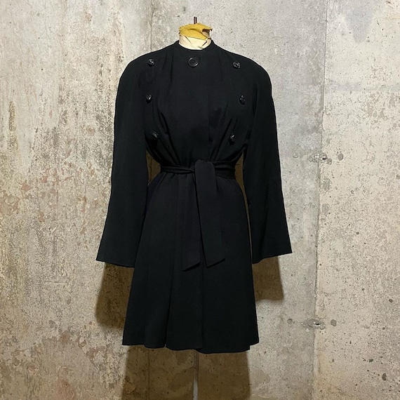 1930s 1940s Black Princess Coat With Deco Buttons