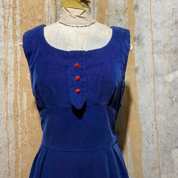 1940s 1950s Blue Corduroy Sheath Dress With Red Bu