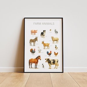 Farm Animals Poster, Educational Poster, Nursery Wall Decor, Playroom Decor, Montessori Educational Posters, DIGITAL DOWNLOAD