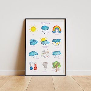 Cartel educativo sobre el clima en español, El Clima, Impresión Montessori, Decoración para el hogar, Descarga digital, Imágenes pintadas a mano, DIGITAL