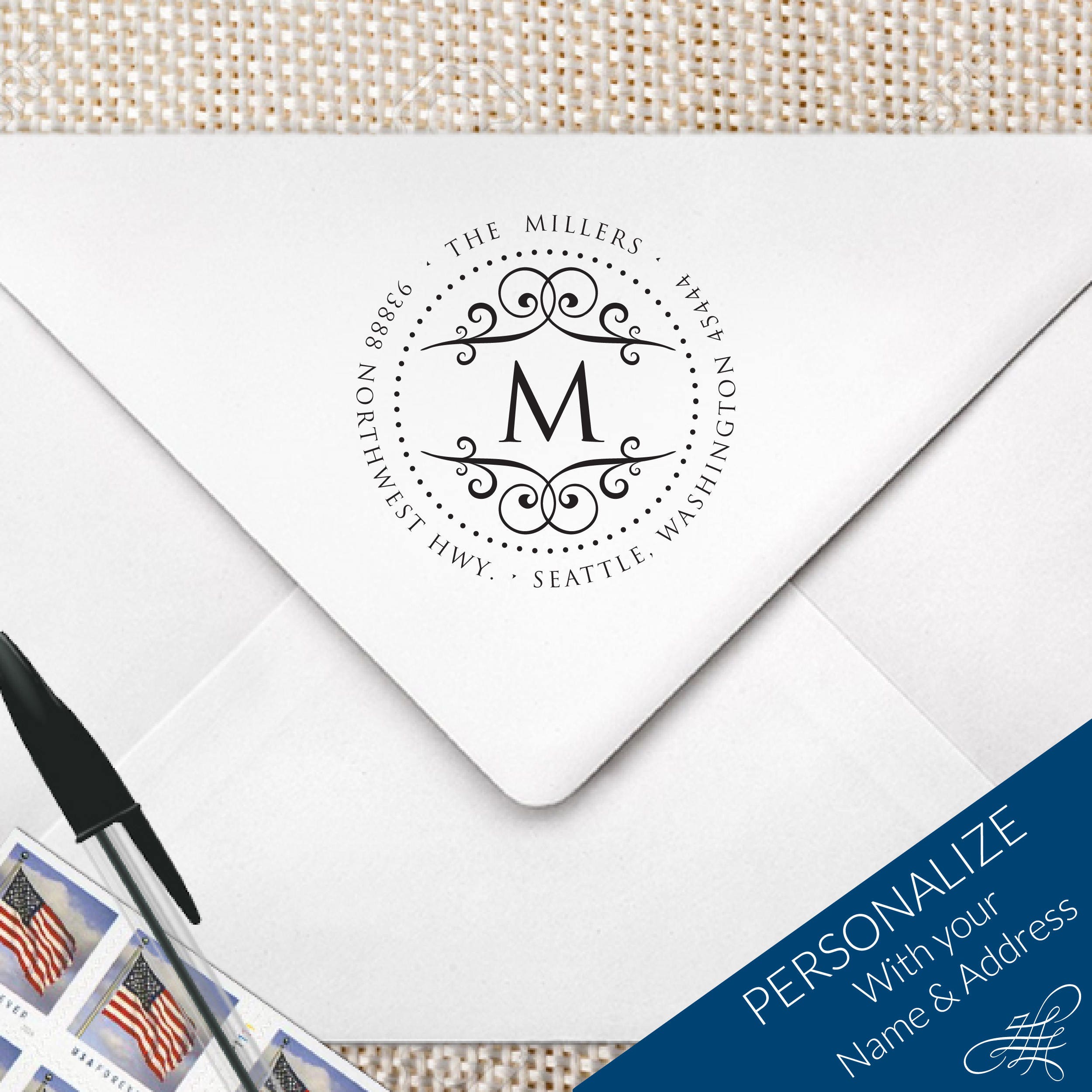 Swirl Monogram Preinked Stamp Fancy Wedding Stamp Etsy