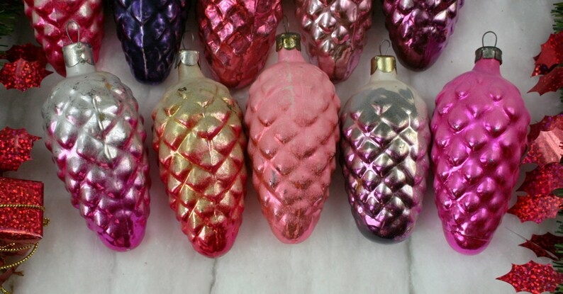 christmas decoration 70s shiny glass ornament Set of 10 Soviet Vintage Christmas ornament Colored Pine Cone Made of Glass in USSR