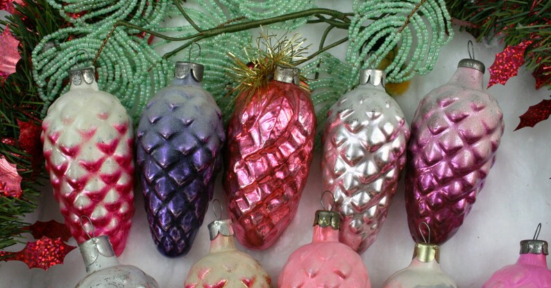 christmas decoration 70s shiny glass ornament Set of 10 Soviet Vintage Christmas ornament Colored Pine Cone Made of Glass in USSR