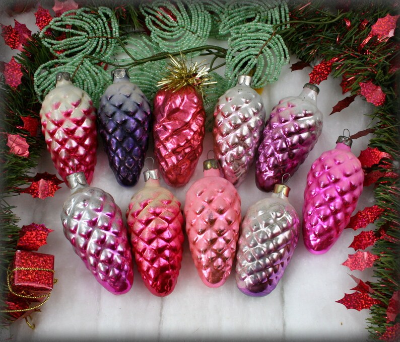 christmas decoration 70s shiny glass ornament Set of 10   Soviet Vintage  Christmas ornament  Colored Pine Cone Made of Glass in USSR