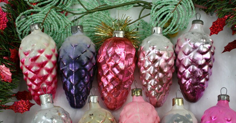 christmas decoration 70s shiny glass ornament Set of 10 Soviet Vintage Christmas ornament Colored Pine Cone Made of Glass in USSR